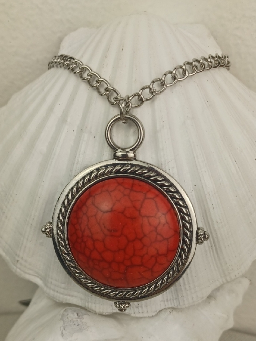 Vibrant Red Subtle Crackle Round Stone Silver Pendant Necklace